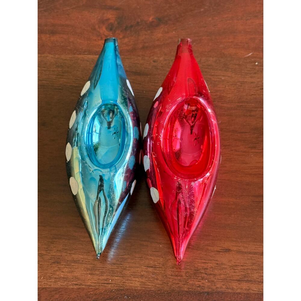 Vintage MCM Mid Century 2 tear drop indent ornaments red blue polka dots 5"
